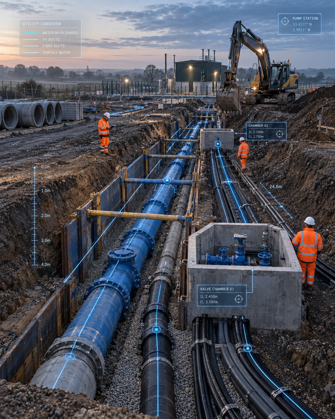 Utility corridor with installed water main, ducting and valve chambers