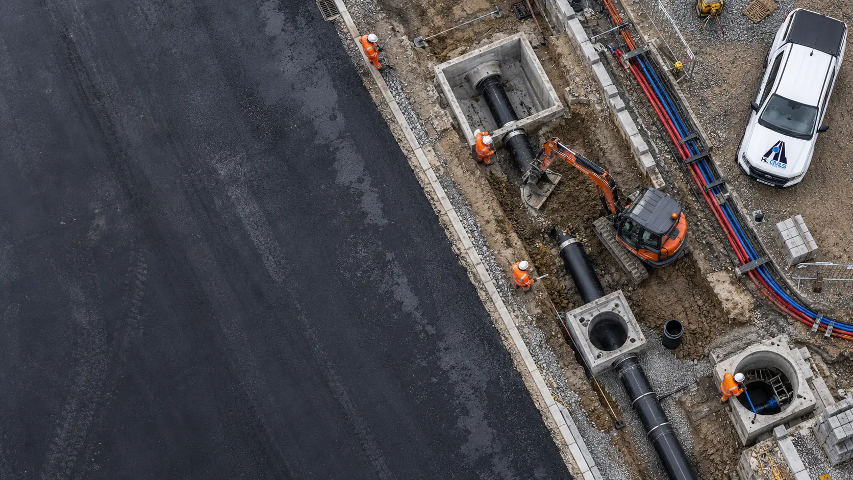 Aerial view of civil engineering drainage and utilities works
