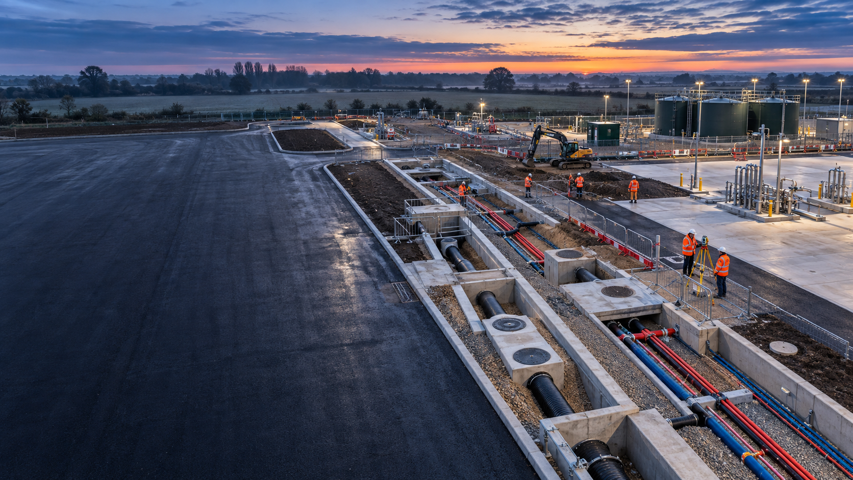 Civil engineering road and infrastructure works at dusk