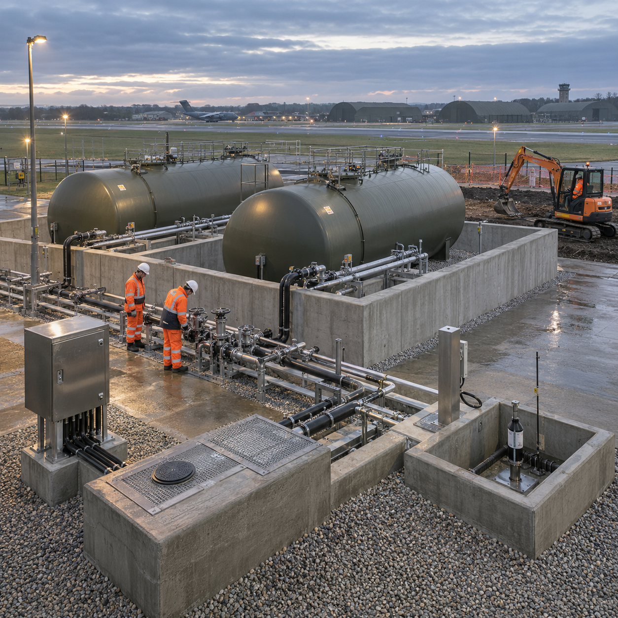 Fuel storage installation works with specialist pipework and containment at dusk