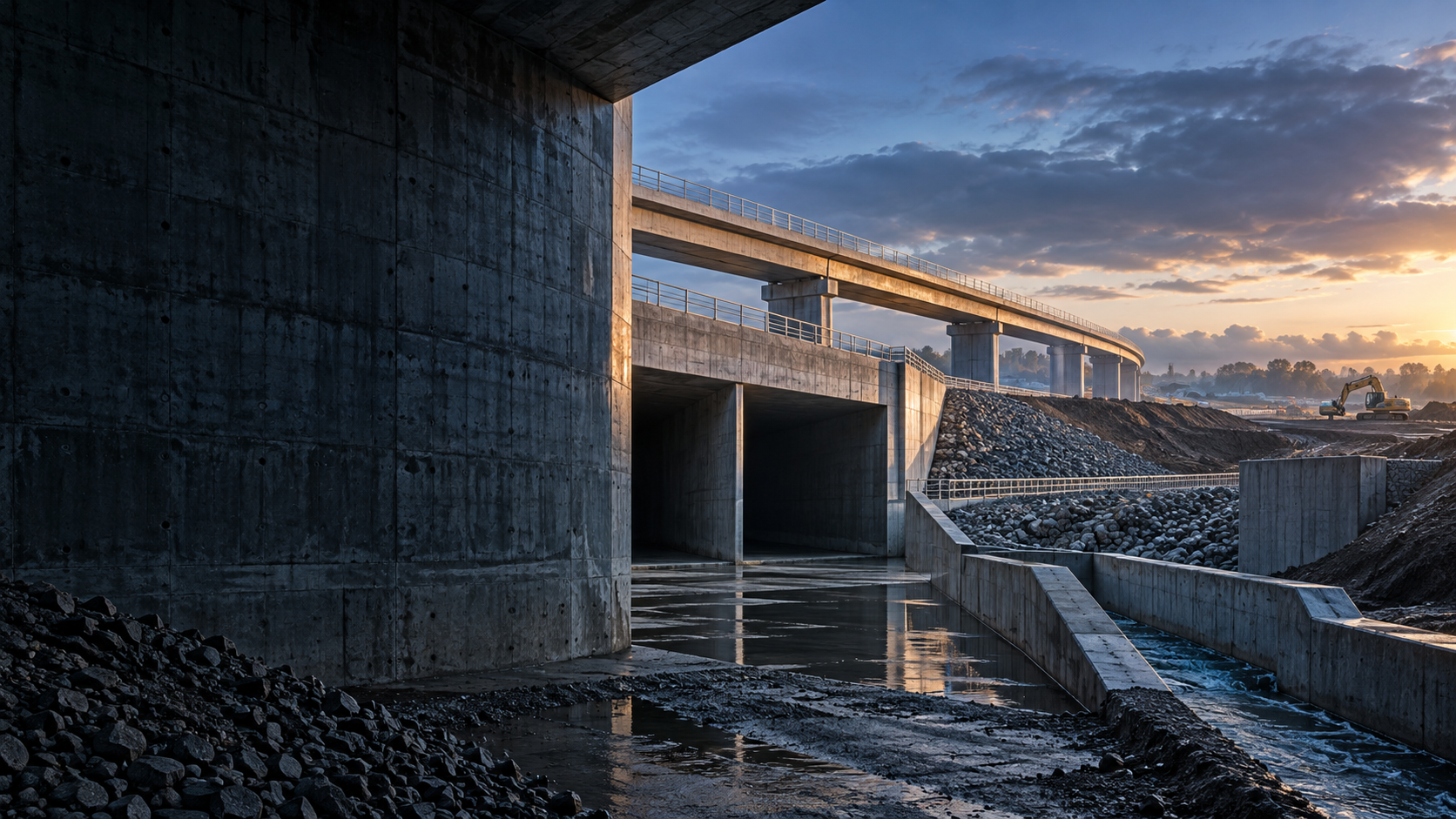 Concrete structures and bridge deck at dusk on an HL Civils civil-engineering project