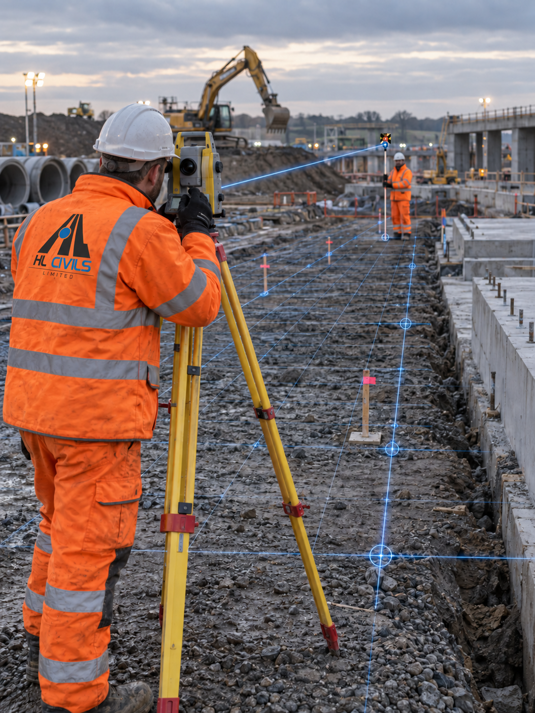 HL Civils surveyor setting out works with a total station on a civil engineering site