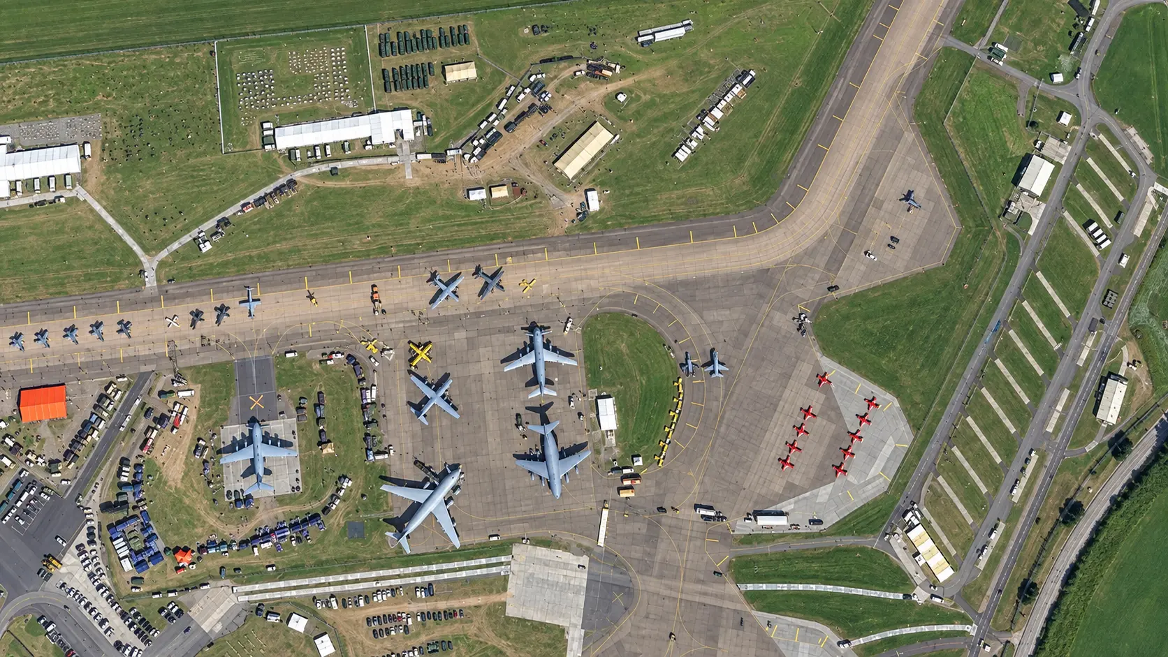 Aerial view of aircraft, hangars and taxiways at RAF Fairford