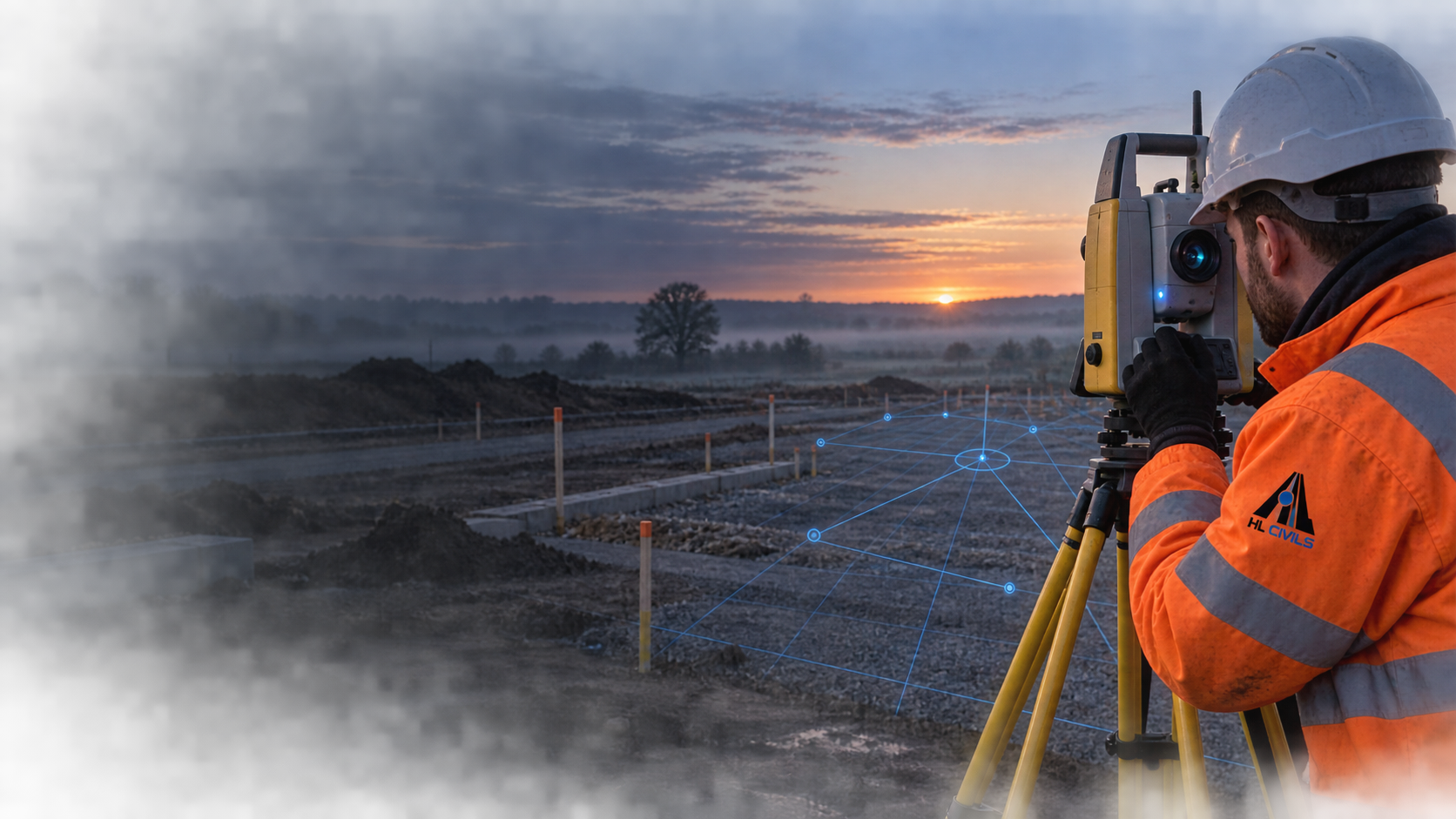 Surveyor operating a total station during civil engineering works at dawn