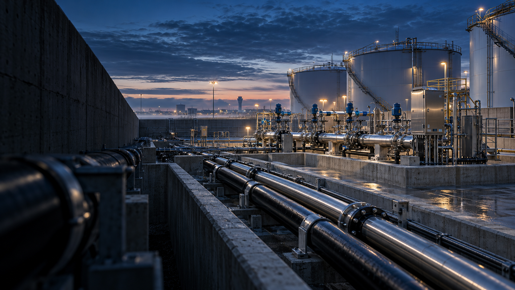 Fuel storage tanks and pipework at dusk within an HL Civils petroleum infrastructure project