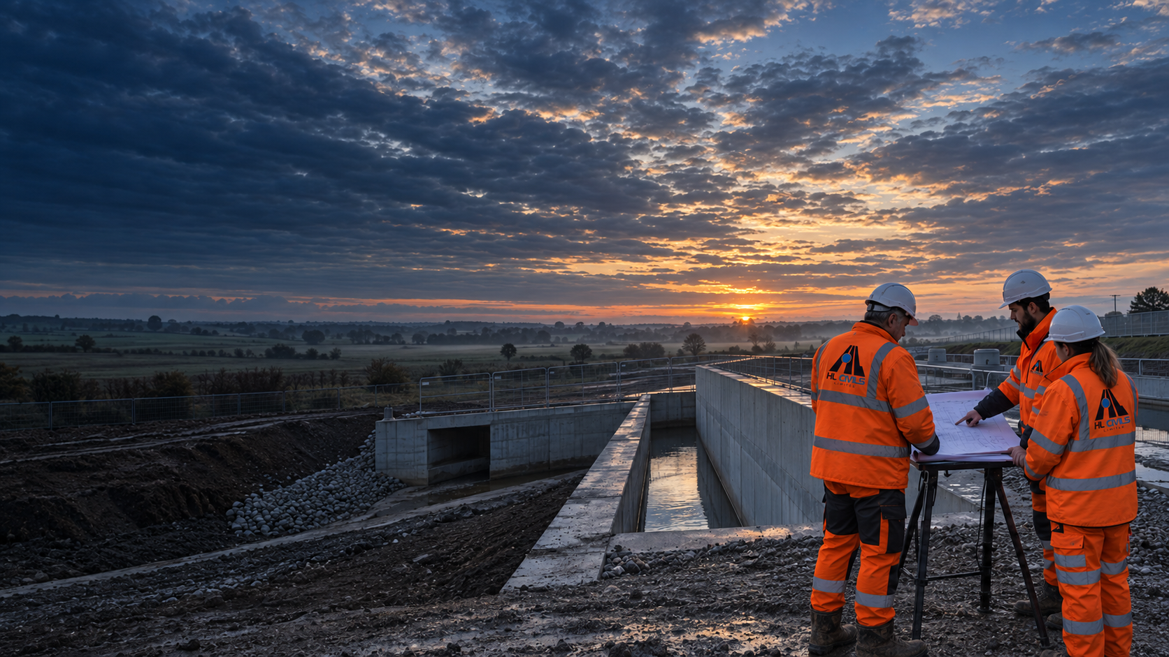 Three HL Civils engineers reviewing technical plans beside reinforced-concrete infrastructure at dawn