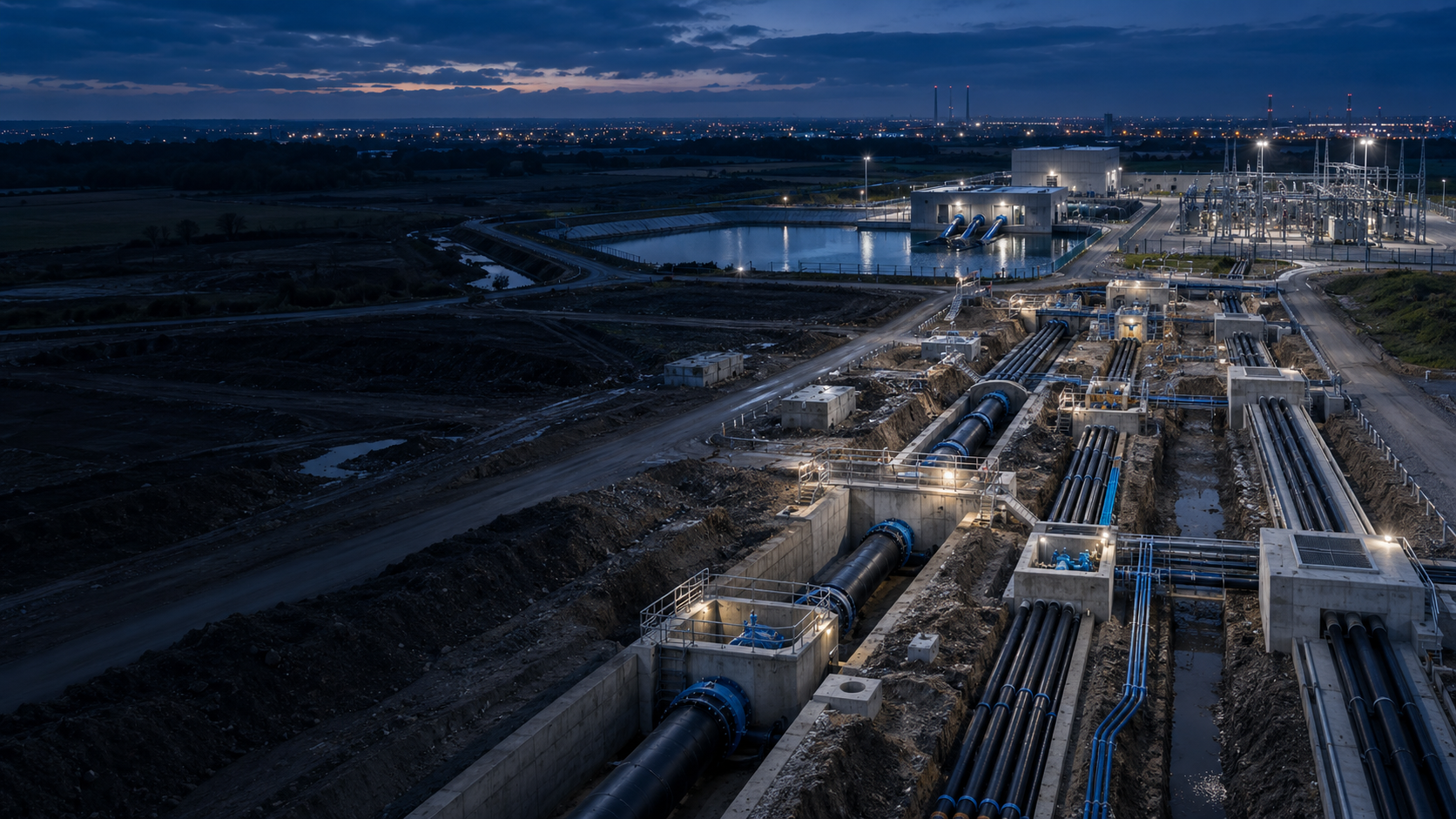 Aerial view at dusk of utility pipelines, valve chambers and a substation under construction